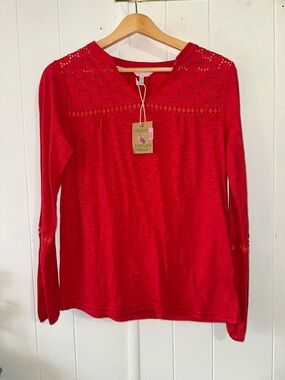 Joules Red Eyelet Yoke Long Sleeve Top